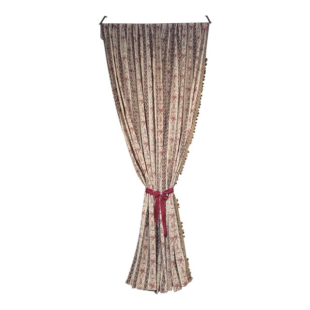 Antique 1920s French Cotton Curtain Panel, Pink and Brown Stripe With Florals For Sale