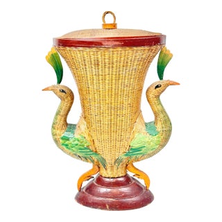 Vintage Double Peacock Raffia Basket For Sale