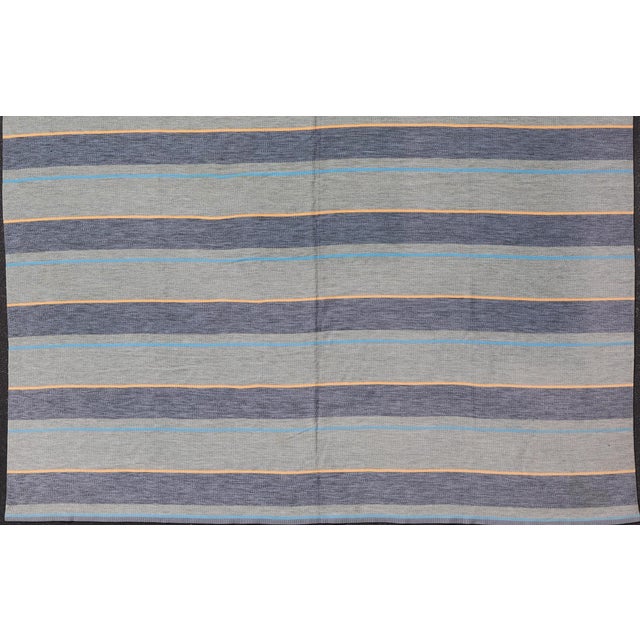 Large Square Scandinavian Flat Weave Rug in Gray, Blue, and Soft Yellow For Sale In Atlanta - Image 6 of 12