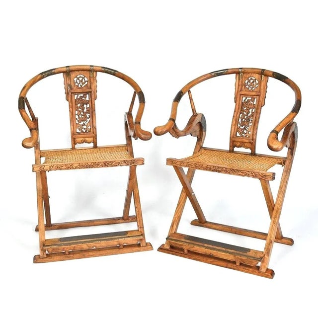 19th Century Pair Chinese Antique Horseshoe Folding Chairs For Sale - Image 4 of 8