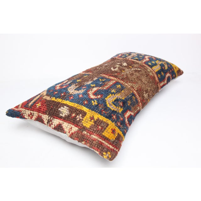 Authentic Antique Caucasian Rug Pillow Cover – Low‑Pile Wool Textile -15'' X 32'' For Sale - Image 4 of 8