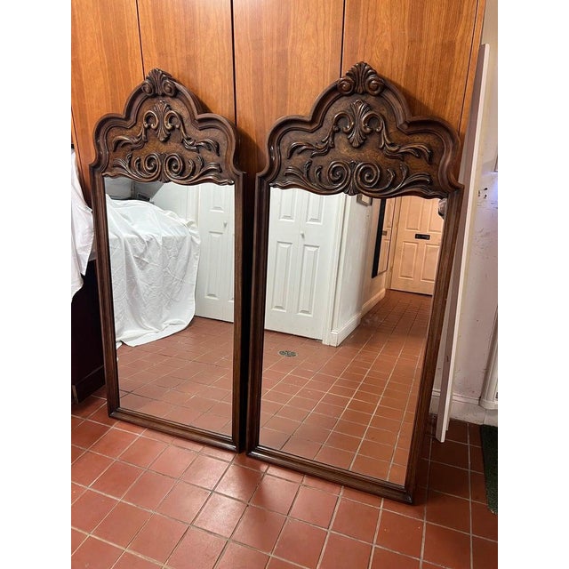 Brown Pair of Elaborately Carved Wooden Mirrors For Sale - Image 8 of 15