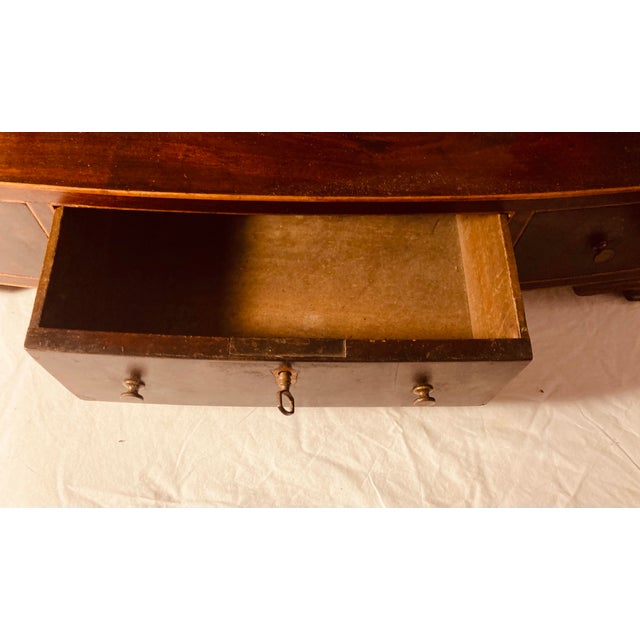 Antique English Federal Bow Front “Dressing Glass” Table Mirror Mahogany With Satinwood Inlay Triple Drawer For Sale In Dallas - Image 6 of 11