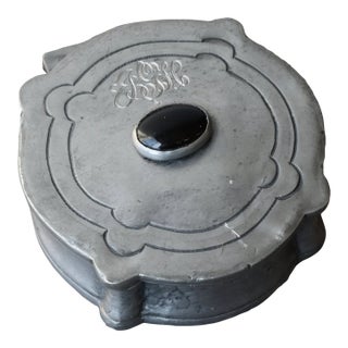 Antique Pewter Lidded Box With Monogram and Cabochon, Made in Portugal, Circa Early 20th Century For Sale