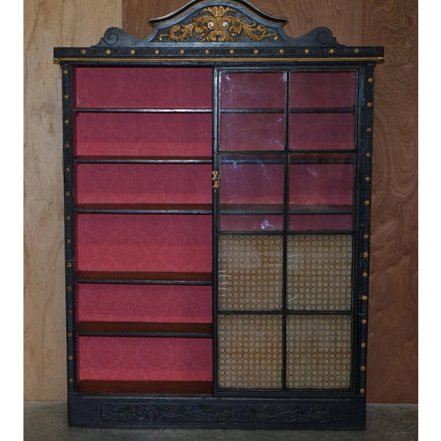 Victorian Ebonised Carved Oak Bookcase with Sliding Glazed Doors, 1860s For Sale - Image 10 of 18