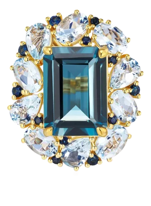 Nina Zhou London Blue Topaz Aquamarine Sapphire Cocktail Ring in 14k Yellow Gold, Size 7