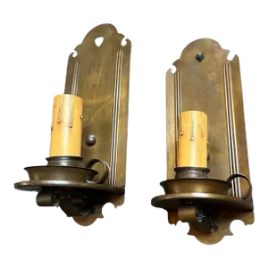 Pair of Tooled and Cut Brass Wall Sconces, Circa 1920