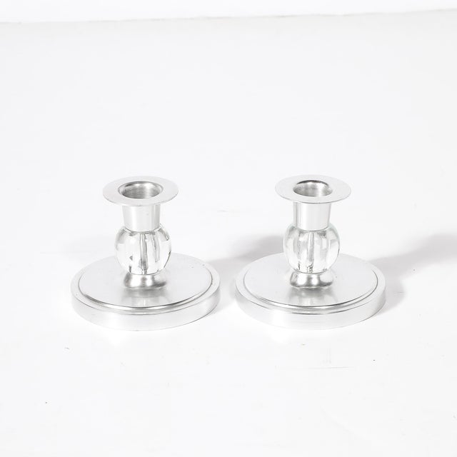 Art Deco Pair of Art Deco Candle Holders in Brushed Aluminum & Glass Signed Kensington For Sale - Image 3 of 10