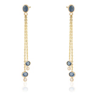 18k Gold Linear Drop Dangle Earrings With 1.2ct Blue Sapphire & Diamond- A Pair For Sale