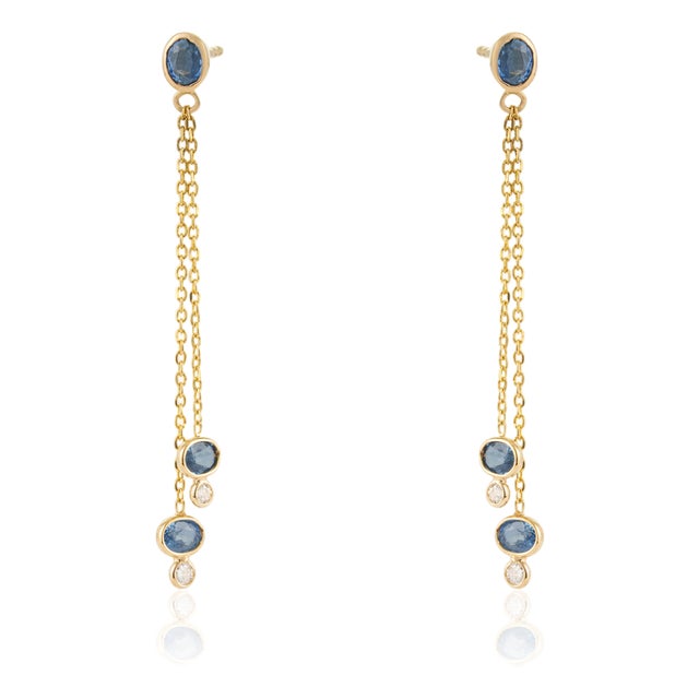 18k Gold Linear Drop Dangle Earrings With 1.2ct Blue Sapphire & Diamond- A Pair For Sale