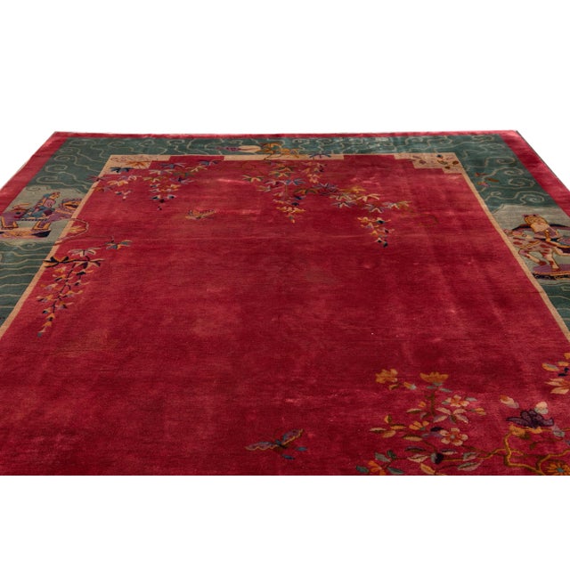 Textile Antique Art Deco Brigth Red Traditional Chinese Handmade Wool Rug For Sale - Image 7 of 9