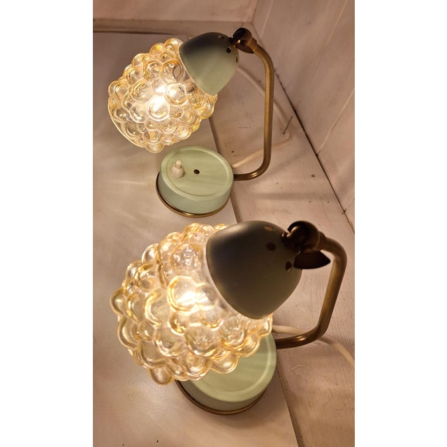 Metal Mid-Century Bedside Lamps with Blue-Green Lacquered Metal Frames, Brass Archs and Amber Bubble Glass Shades, 1960s, Set of 2 For Sale - Image 7 of 12
