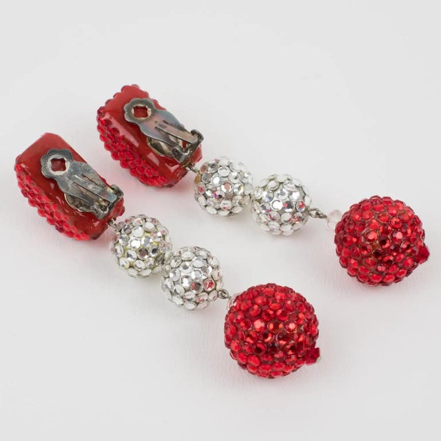1980s Richard Kerr Red and White Jeweled Clip Earrings For Sale - Image 5 of 6