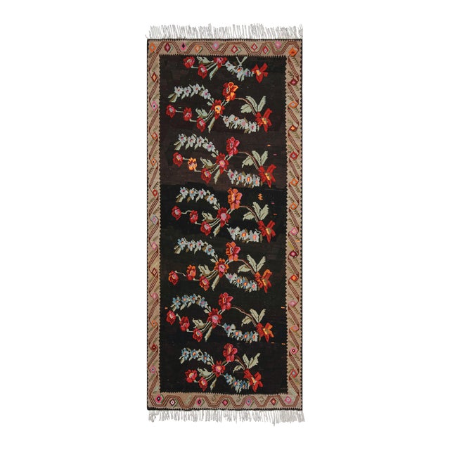 Mid Century Bessarabian Kilim Black Beige Red Floral Turkish Flat Weave Rug For Sale