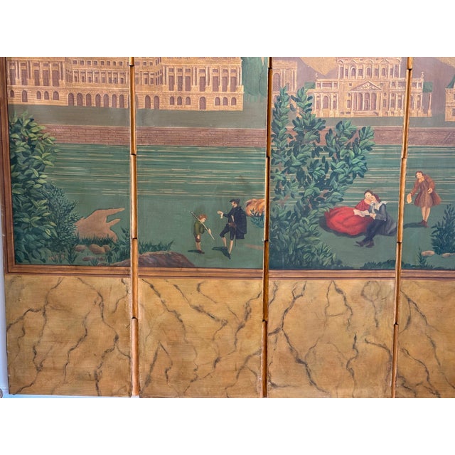 19th Century 19th Century Continental Painted Four Panel Canvas Screen For Sale - Image 5 of 9