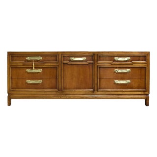 Mid-Century Campaign Style Credenza by Fancher Furniture — 9 Drawers For Sale