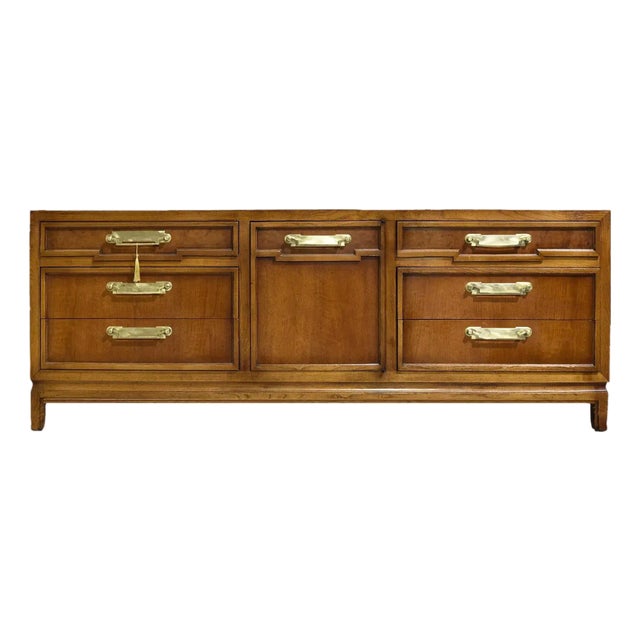 Mid-Century Campaign Style Credenza by Fancher Furniture — 9 Drawers For Sale