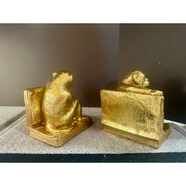 Wood Pair | Vintage Gold Gilt Monkey Bookends For Sale - Image 7 of 7