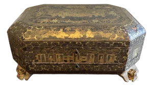 Antique 19th Century Chinese Export Black Lacquered Work Box