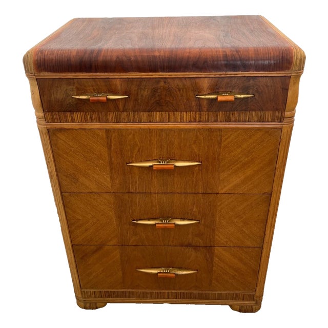 1920s Art Deco Dresser Chest Four Drawers Bakelite Brass Pulls Waterfall Top For Sale