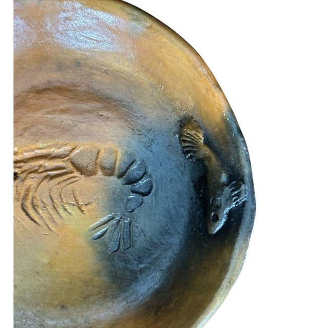 Ceramic 2007 Belize Art Pottery Bowl Raised Relief Shrimp Prawn Handmade Artist Signed 8" For Sale - Image 7 of 11