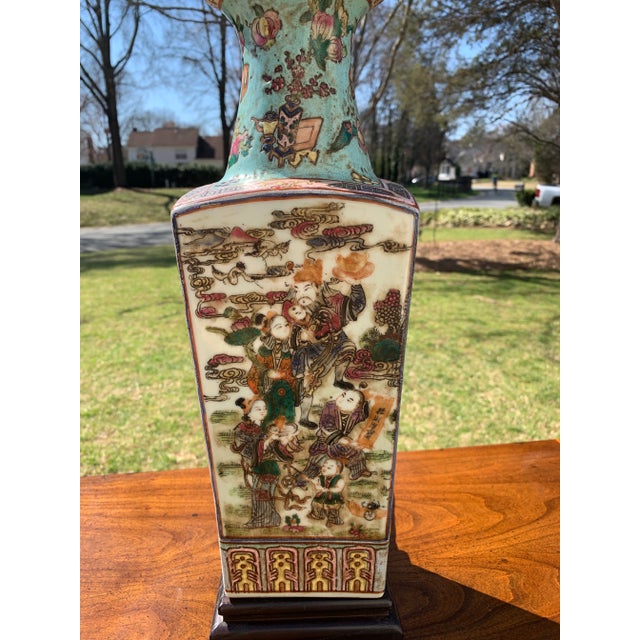 Chinese Famille Rose Antique Square Turquoise Porcelain Vase Lamp For Sale In Charlotte - Image 6 of 9