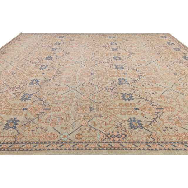Modern Tabriz Style Wool Area Rug – Muted Neutrals, Peach & Indigo Accent 12x15 For Sale - Image 12 of 12