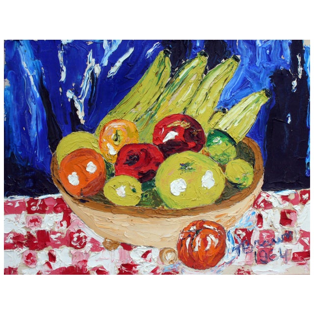 Substantial and period mid century modernist impasto still life of a basket of fruit upon a table by Monterey, California...