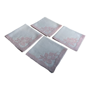 Mid 20th Century Madeira White Linen, Organza & Pink Floral Cocktail Napkins- Set of 4