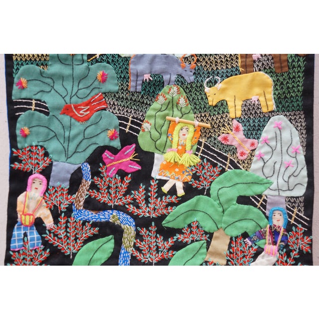 Late 20th Century Colombian Arpillera Folk Art Village Farm Animal Scene Textile Tapestry 28" For Sale - Image 5 of 15