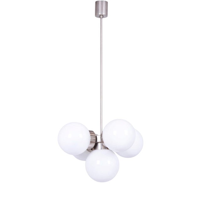 Mid-Century Modern Chandelier in Chromed Steel and Opaline Glass, Czech, 1960s For Sale