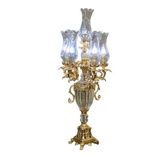 French-Inspired Five-Light Candelabra Lamp – Crystal Glass Shades With Gilded Bronze & Gold Leaf Details For Sale