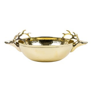 Large Gilded Brass Centerpiece Bowl With Stag Heads Handles For Sale