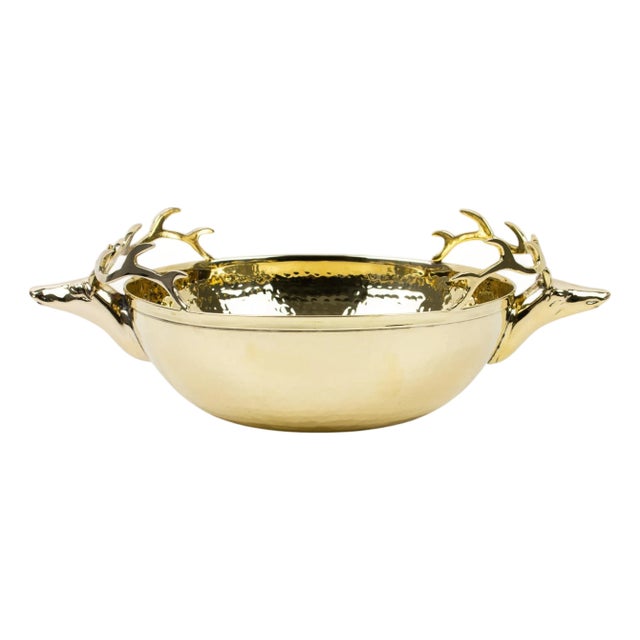 Large Gilded Brass Centerpiece Bowl With Stag Heads Handles For Sale