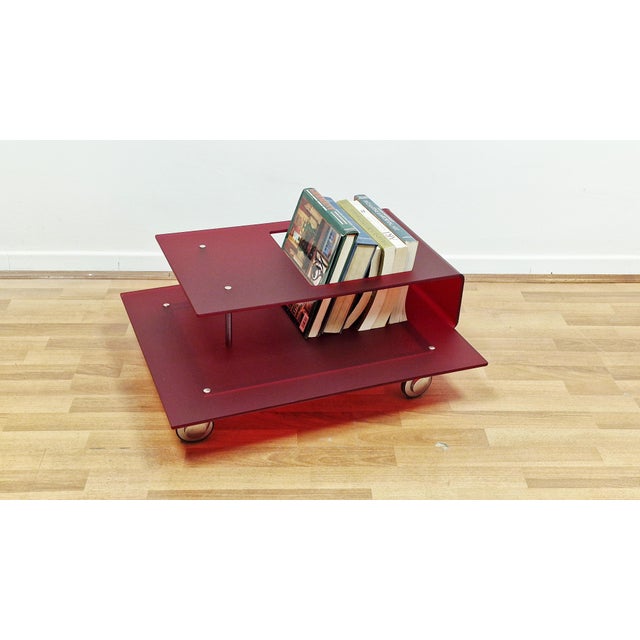 Italian Coffee Table in Burgundy Acrylic Glass and Chrome Wheels, 1990s For Sale - Image 6 of 14