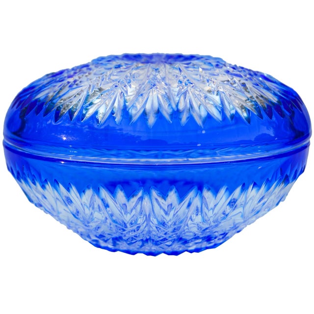 American Crystal-Cut Blue Lidded Bowl For Sale - Image 3 of 8