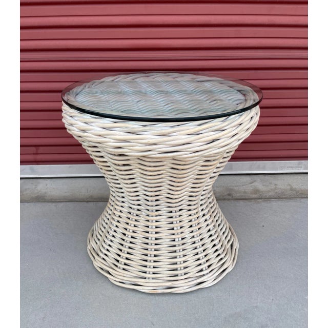 2020s Whitewash Thick Woven Rattan Glass Top Accent Table For Sale - Image 5 of 5