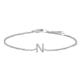 10K White Gold Diamond Accent "N" Initial Charm and Link Bracelet For Sale