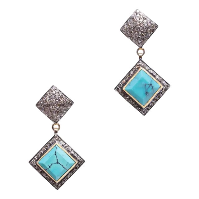 1990s Pair of Diamond and Turquoise Drop Earrings For Sale