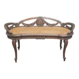 Louis XVI Style Carved Mahogany and Cane Seat Kidney Bench For Sale