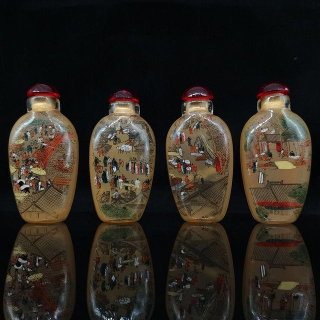 Yellow Set of 4 Vintage Inside-Painted Chinese Snuff Bottles For Sale - Image 8 of 9