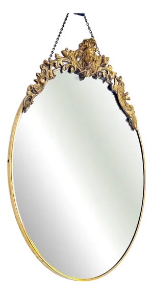 Art Deco Style Oval Mirror with Brass Floral Details, 1960s