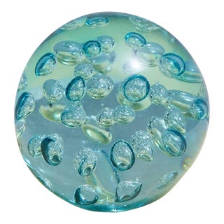 Large Blown Glass Controlled Bubble Paperweight in Aqua For Sale