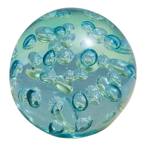 Large Blown Glass Controlled Bubble Paperweight in Aqua