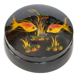 Late 20th Century Asian Lacquered Black and Painted Porcelain Box For Sale