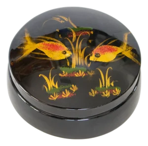 Late 20th Century Asian Lacquered Black and Painted Porcelain Box
