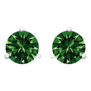 14K White Gold 1 1/2 Cttw 3-Prong Martini Set Lab Grown Green Diamond Solitaire Stud Earrings For Sale