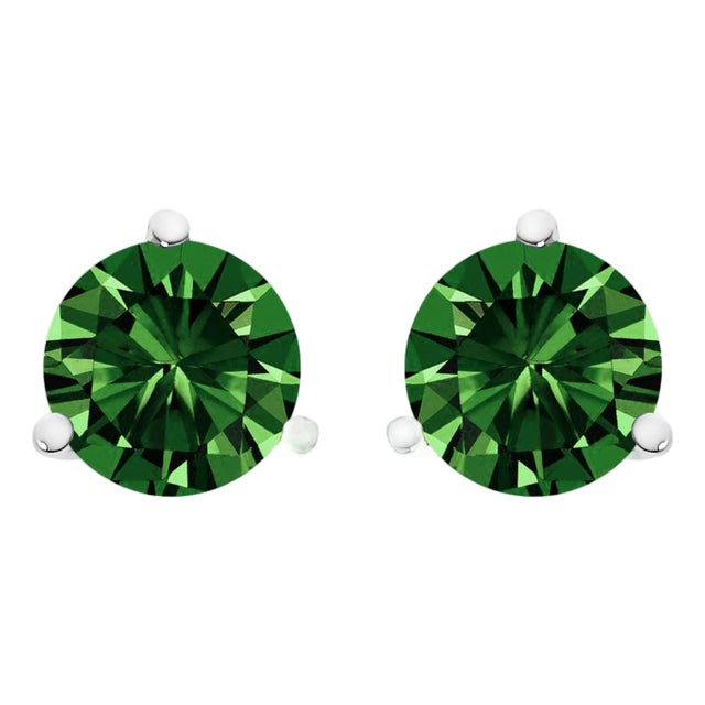 14K White Gold 1 1/2 Cttw 3-Prong Martini Set Lab Grown Green Diamond Solitaire Stud Earrings For Sale