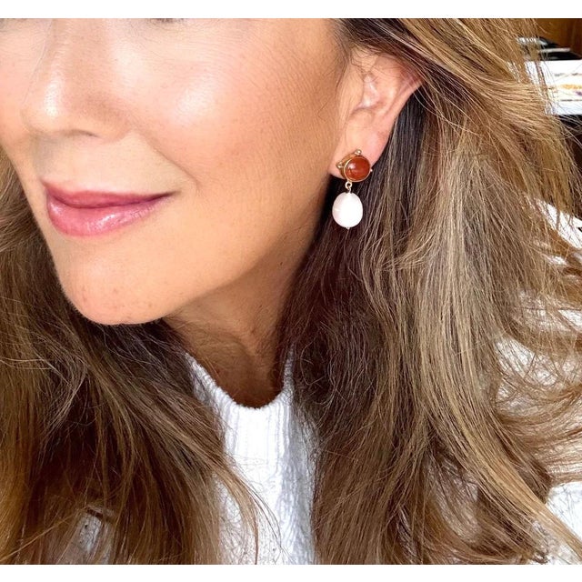 Fiery Carnelian is paired with natural freshwater pearl drops. Handmade. Lightweight