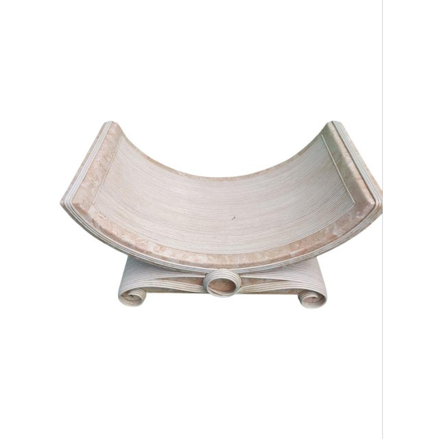 Vintage Molded Pencil Reed Betty Cobonpue Faux Peach Marble Mid Century Bent U Shape Swirl Leg Coffee Table For Sale - Image 10 of 12